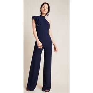 NWT Monique Lhuillier Ruffled Satin Jumpsuit Size 14 Halter Wide Leg Navy Blue‎
